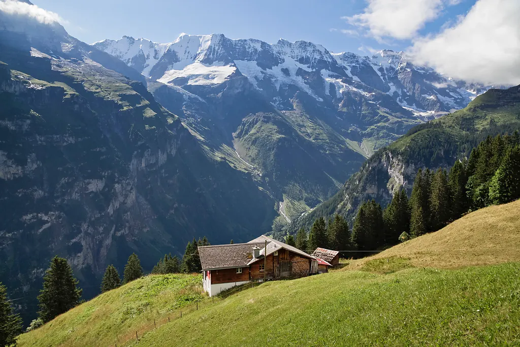 Jungfrau bölgesinde Lauterbrunnen vadisine bakan yamaçta bir ahşap Alp evi ve karla kaplı dağ zirveleri
