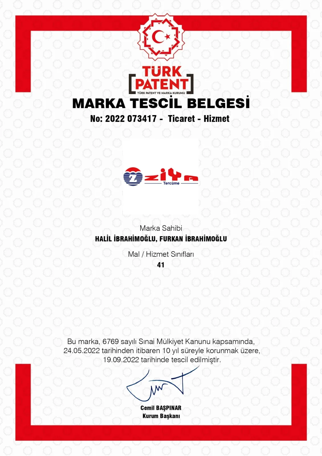 Ziya Tercüme Marka Tescili
