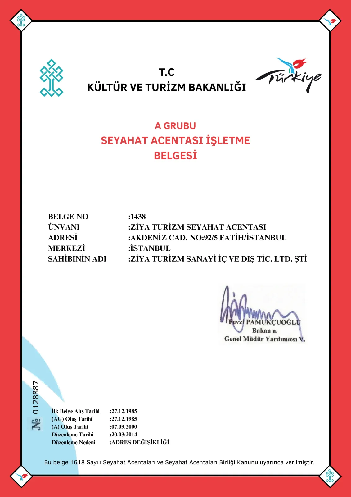 A Grubu Seyahat Acentası İşletme Belgesi